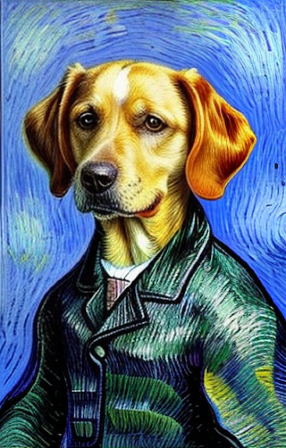 Vincent von Woof, Een portret van een hond die een jas draagt in de stijl van Vicent van Gogh gemaakt met AI