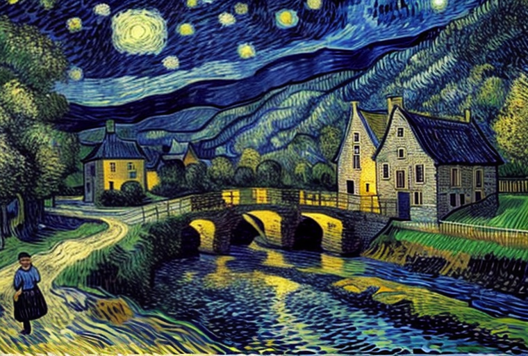 Afbeelding gegenereerd met prompt: Bergachtig landschap met rivier, dorpsachtergrond, sterrennacht, stijl Vincent van Gogh.