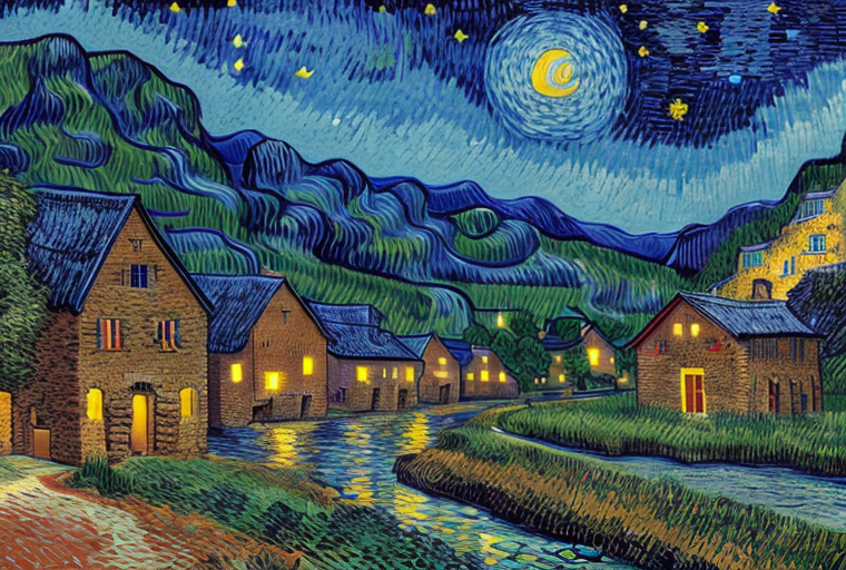 Afbeelding gegenereerd met prompt: Bergachtig landschap met rivier, (dorp:1.9) achtergrond, sterrennacht, robijnrood, maanlicht, stijl Vincent van Gogh.