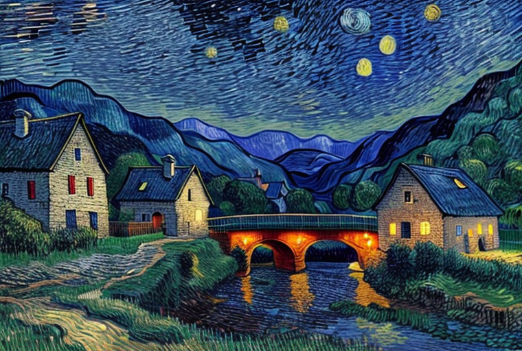 Afbeelding gegenereerd met prompt: Bergachtig landschap met rivier, dorpsachtergrond, sterrennacht, robijnrood, maanlicht, stijl Vincent van Gogh.