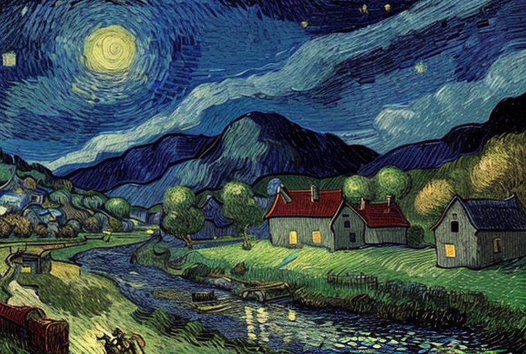 Afbeelding gegenereerd met negatieve prompt: brug en met prompt: Bergachtig landschap met rivier, dorpsachtergrond, sterrennacht, robijnrood, maanlicht, stijl Vincent van Gogh.