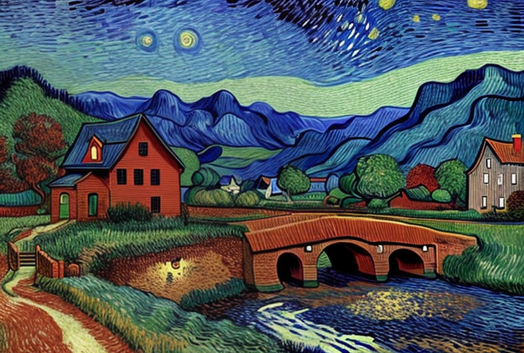 Afbeelding gegenereerd met prompt: Bergachtig landschap met een rivier, dorpsachtergrond, sterrennacht, robijnrood, stijl Vincent van Gogh.